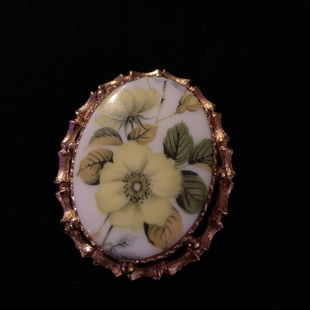 COPY - Vintage Brooch Porcelain transferware  Pendant Gold Plate